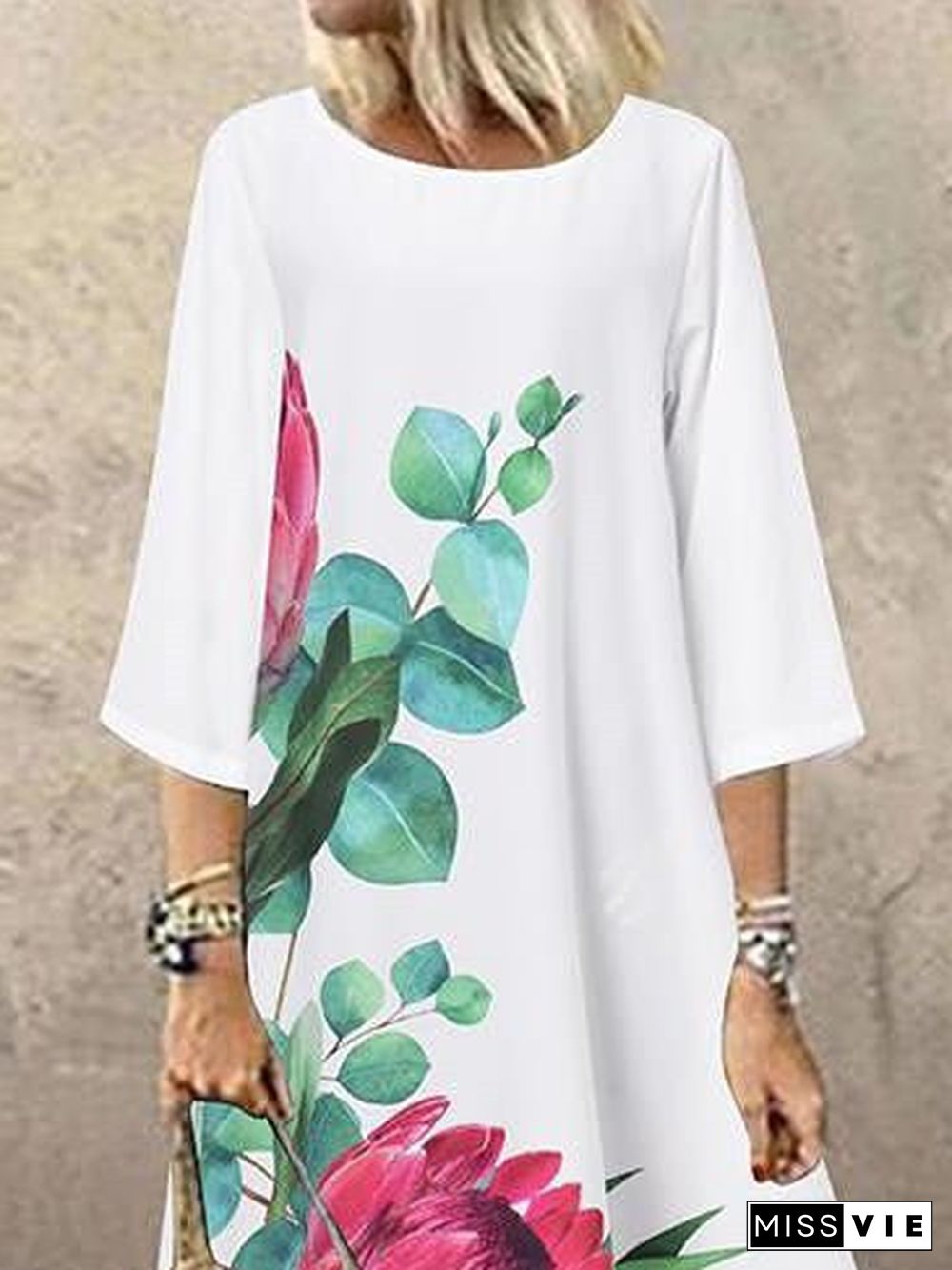 Women'S Dresses Casual Print Crew Neck Mid Sleeve Dress