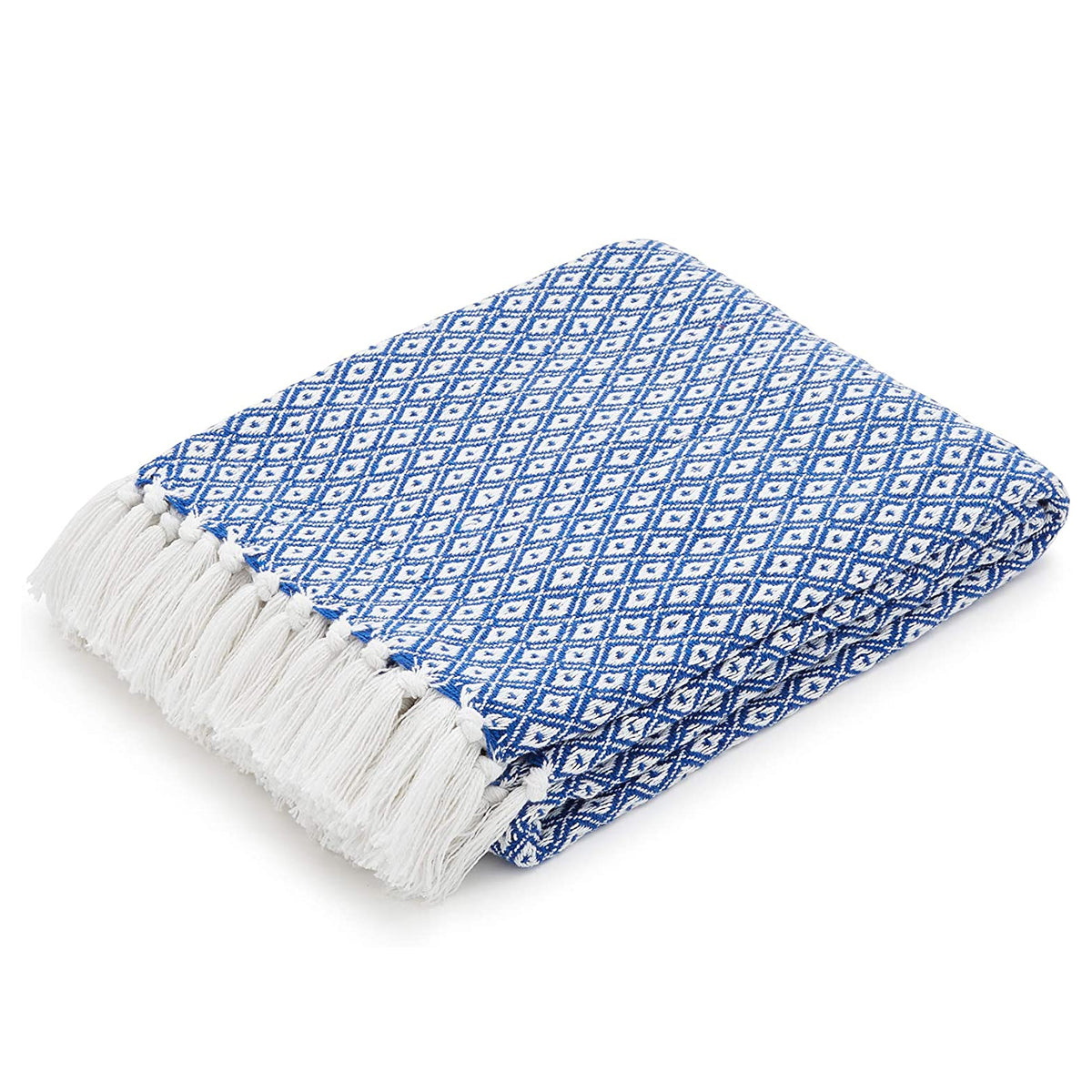 Americanflat 50x60 Throw Blanket， 100% Cotton with Fringe， Blue and White Mini Diamond， all seasons blanket