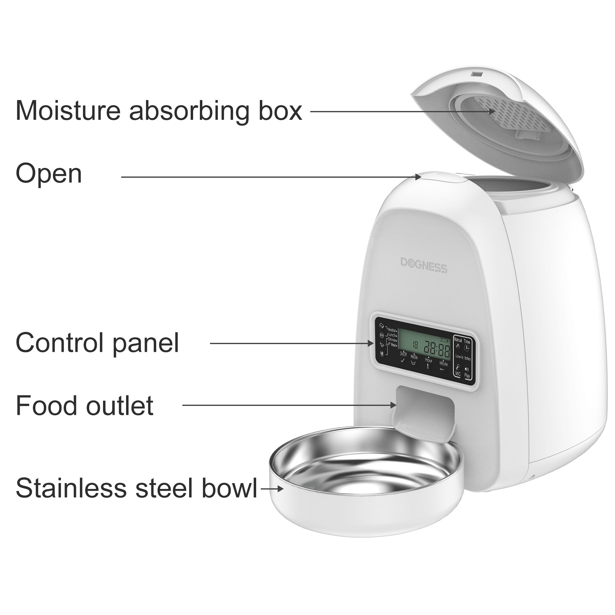 DOGNESS 2L Pet Feeder，Automatic Cat Feeder | Timed Programmable Auto Pet Dog Food Dispenser Feeder for Kitten Puppy - Easy Portion Control，Voice Recording，Battery and Plug-in Power (White)