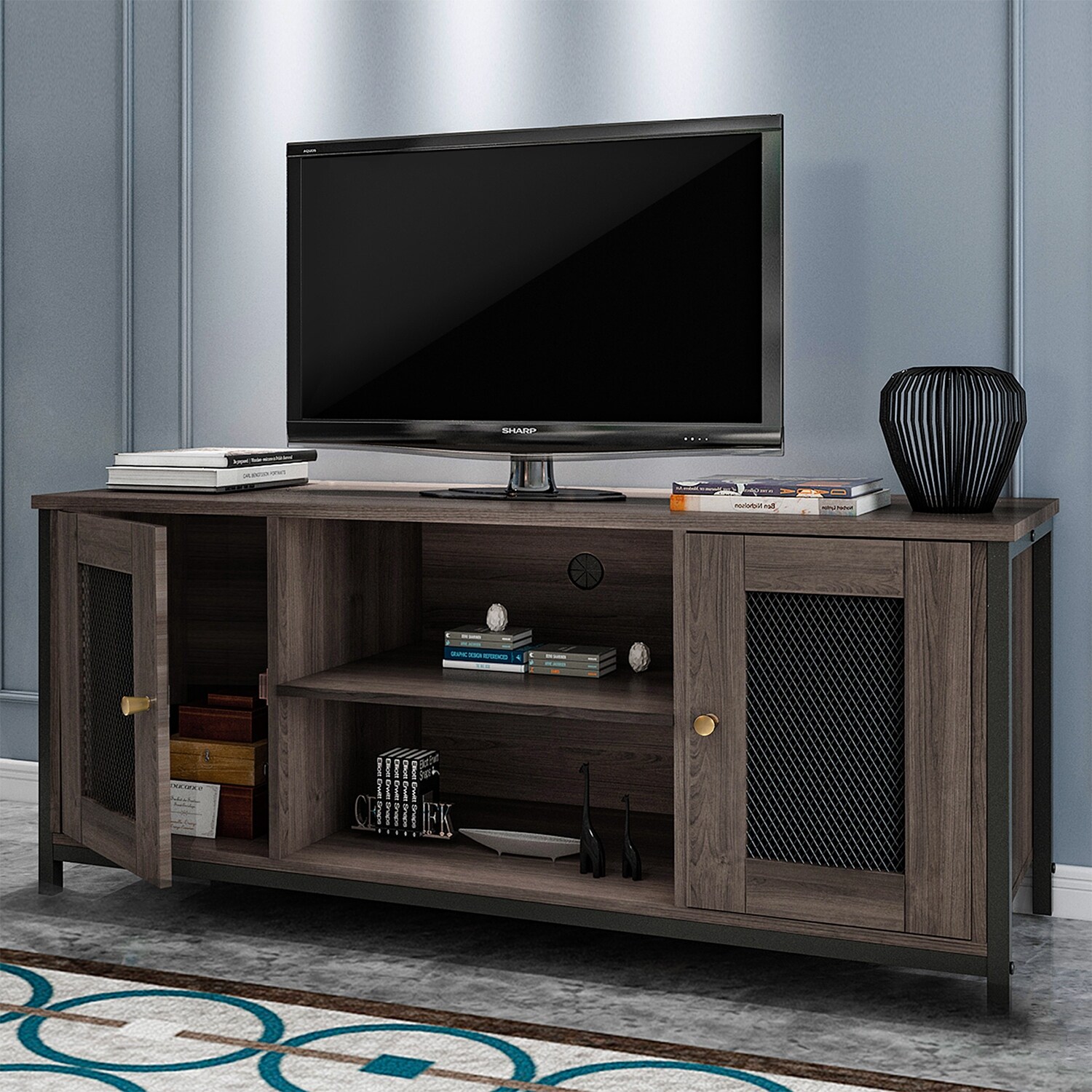 Natural Wood Grain Industrial TV Stand with ShelfandCabinet up to 45 in