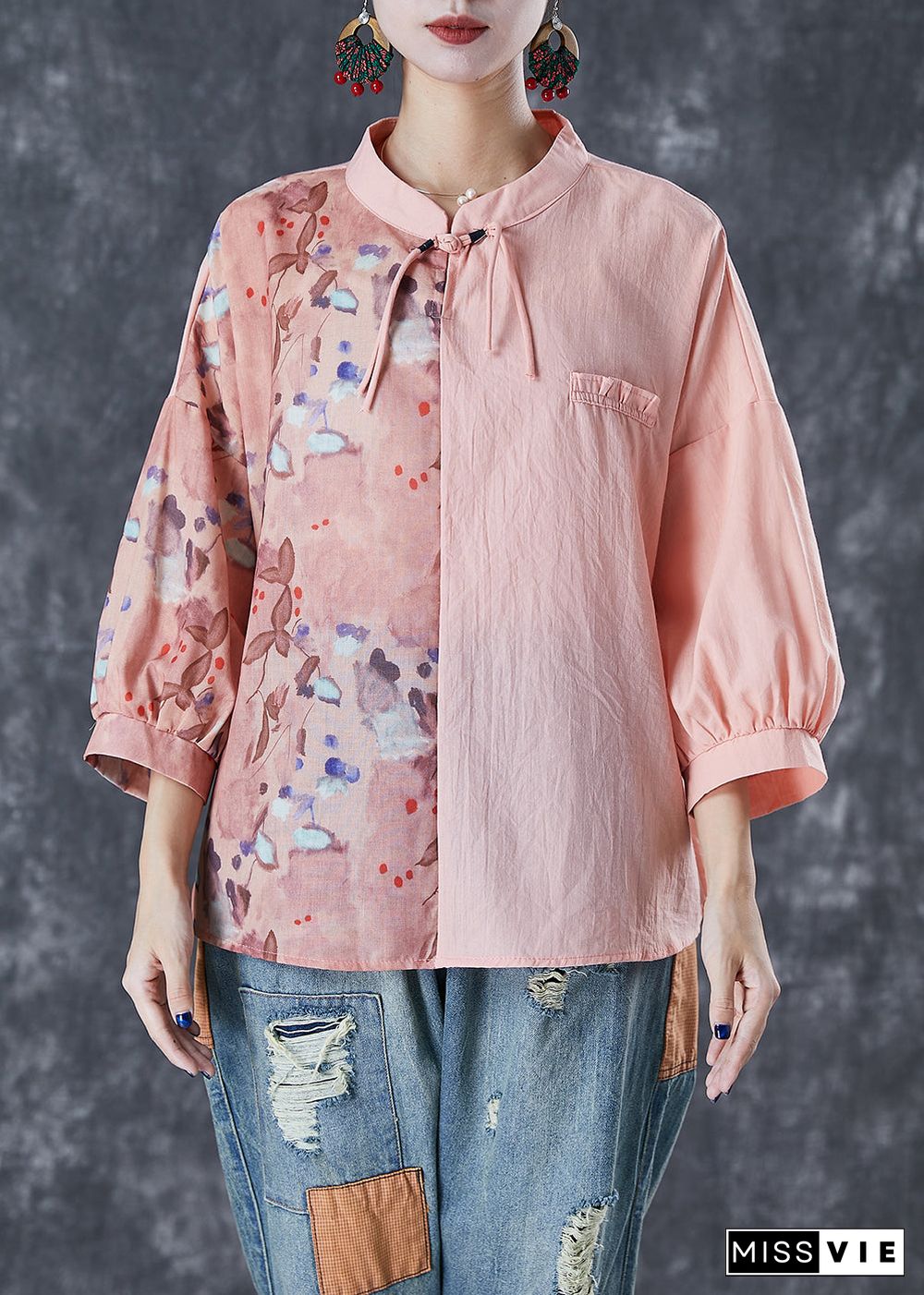 Art Pink Asymmetrical Patchwork Print Linen Blouse Top Bracelet Sleeve