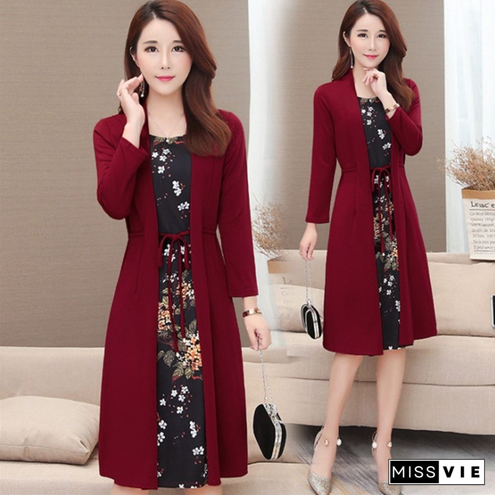 L-5Xl Middle-Aged Mother Dresses Women Fake Two-Piece Long-Sleeved Large Size Bottoming Dress