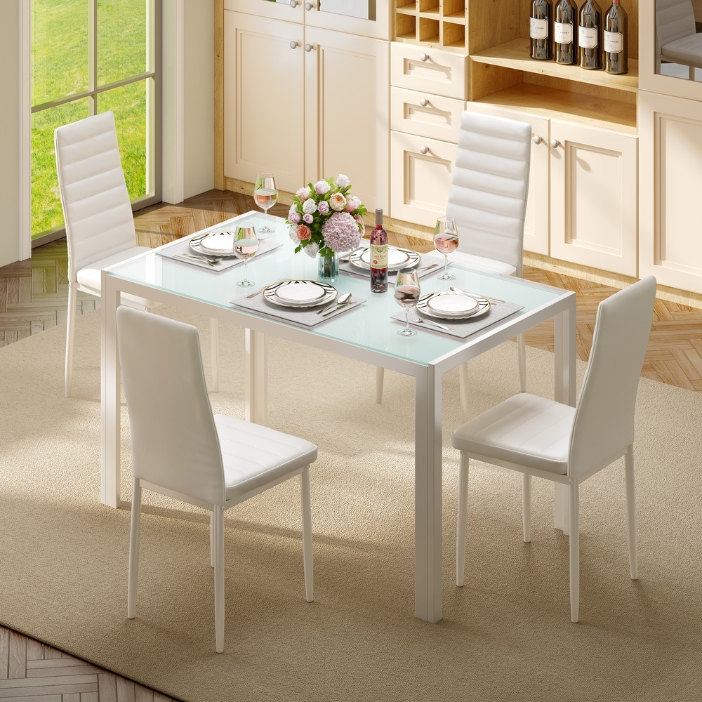 5 Piece Glass Dining Table Set for 4 with High Back PU Leather Chairs White