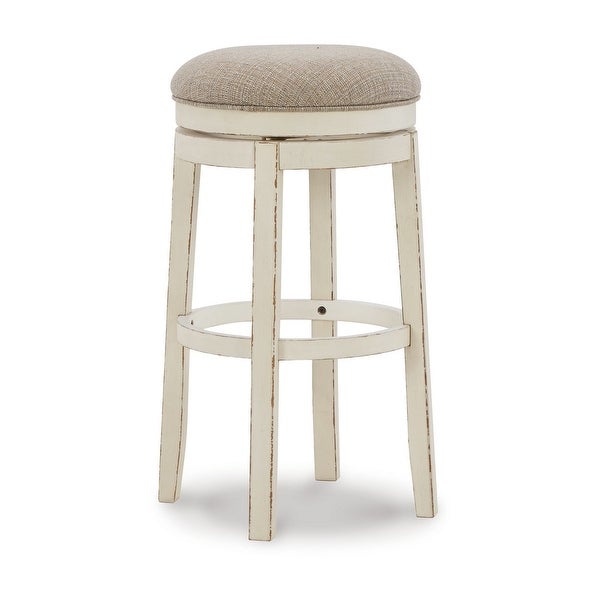 30 Inch Swivel Backless Barstool， Distressed White， Beige Polyester Seat