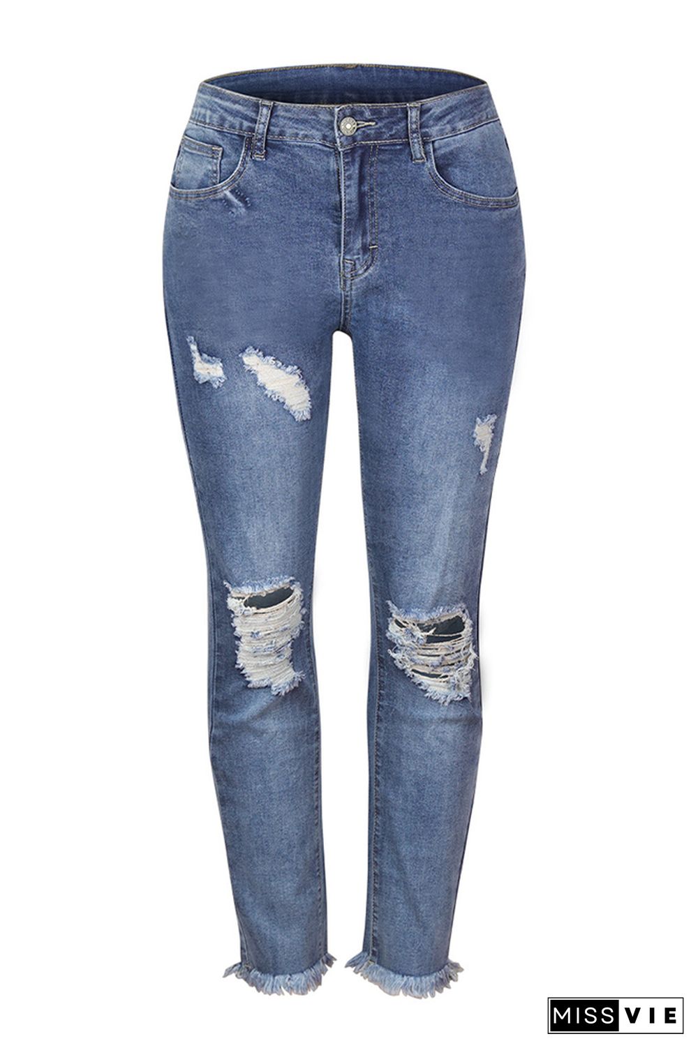 Ripped Mid Waist With Tassels Jeans Wholesale