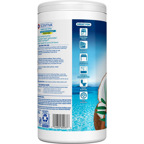 Clorox Scentiva Bleach-Free Disinfecting Wipes - Ready-To-Use Wipe - Pacific Breeze and Coconut Scent - 75