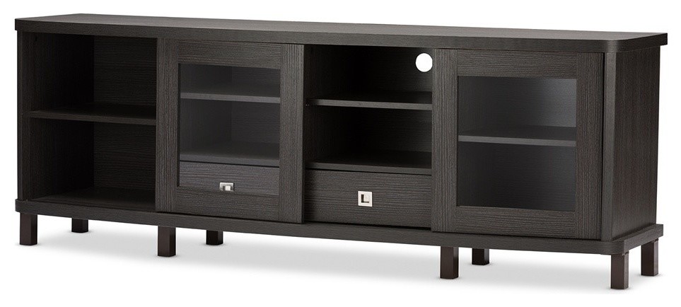 Dark Brown Wood TV Cabinet With 2 Sliding Doors and 2 Drawers   Transitional   Entertainment Centers And Tv Stands   by Imtinanz  LLC  Houzz