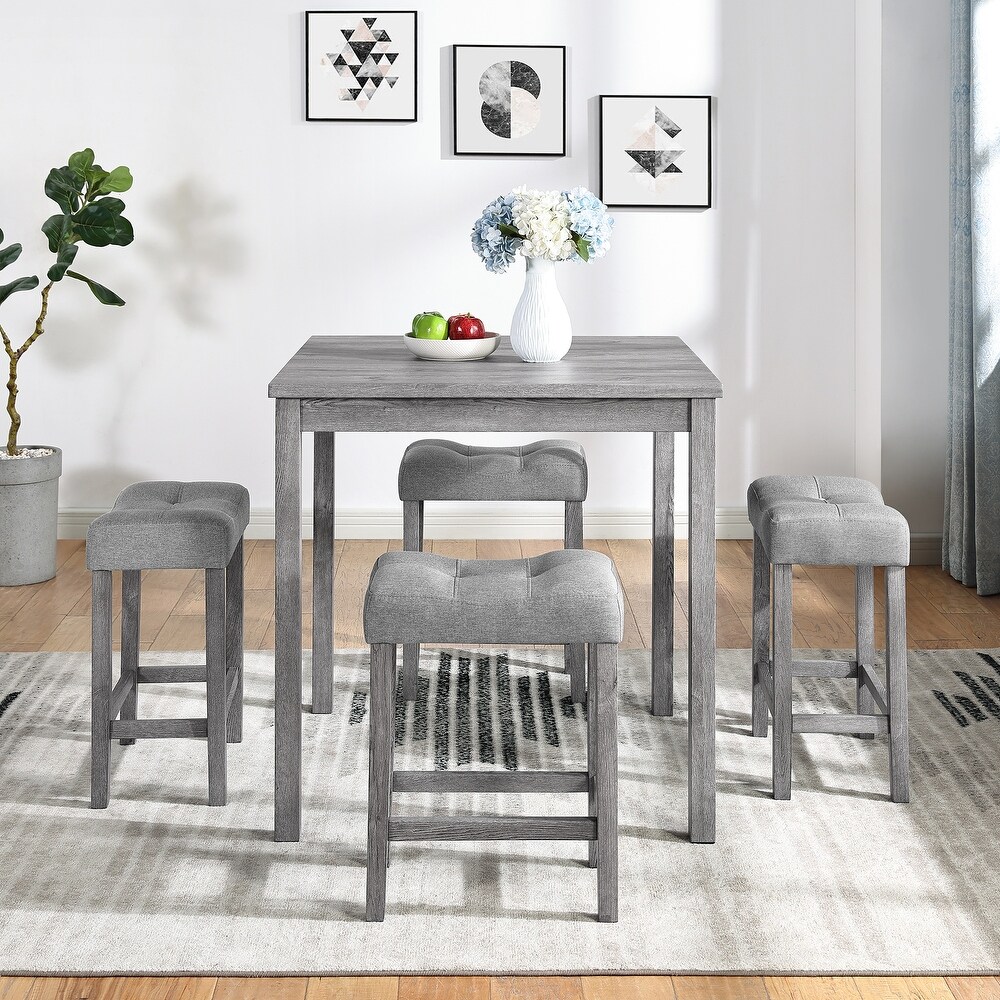 Modern Rustic 5 Pieces Dining Table Set with Counter Height Table and 4 Upholstered Stools Chairs for Kitchen Dining Room