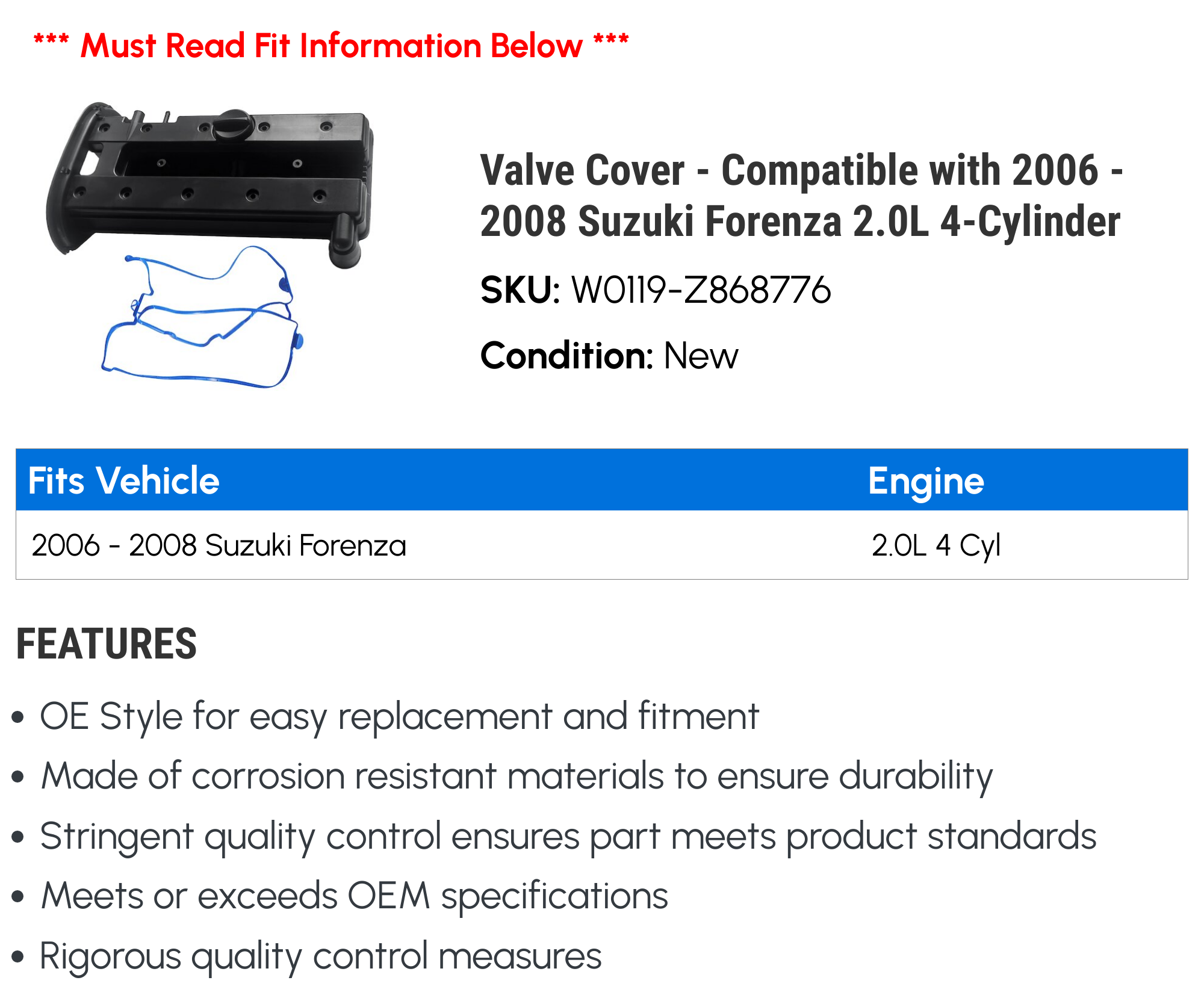 Engine Valve Cover - Compatible with 2006 - 2008 Suzuki Forenza 2.0L 4-Cylinder 2007