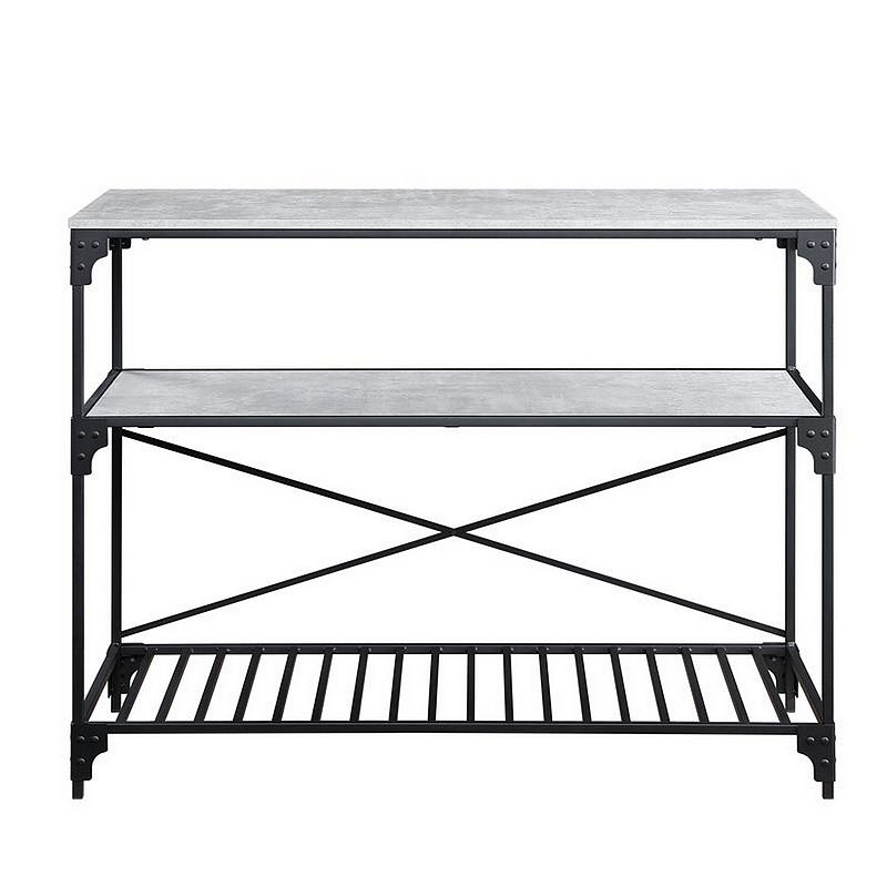 3 Tier Kitchen Island with Wooden and Slatted Shelves， Gray