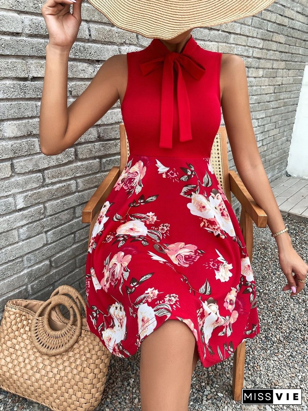 Floral Sleeveless Neck Tie Mini Dress