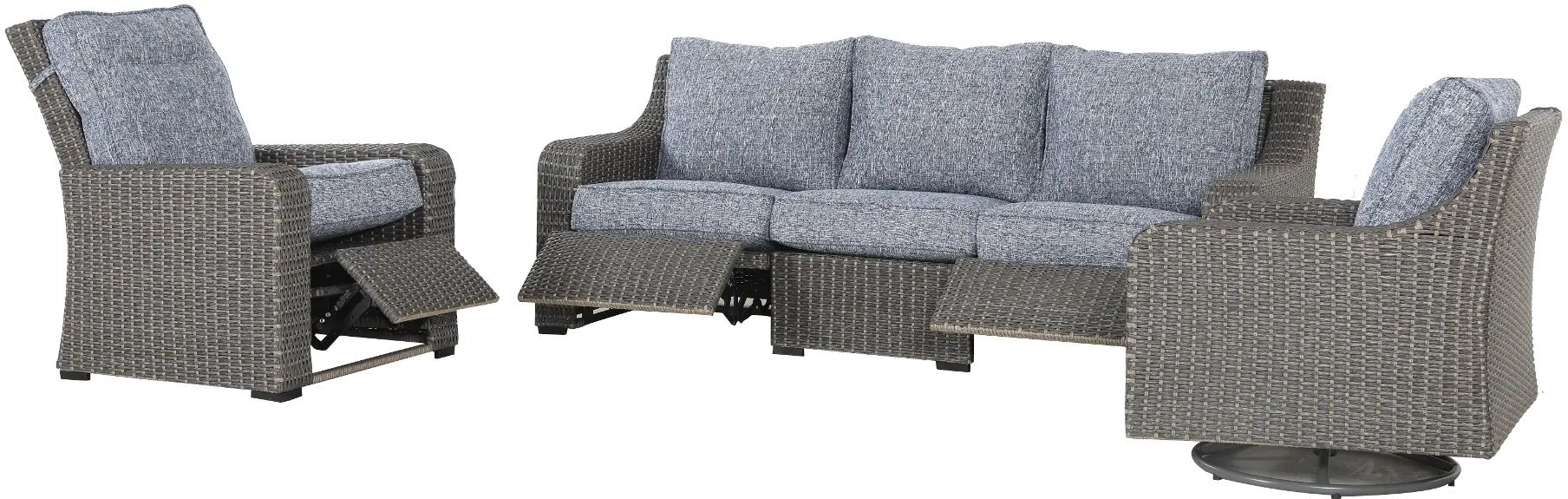 Lemans Gray Wicker Patio Recliner Chair with Blue Cushions