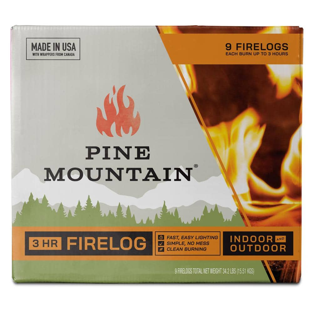 Pine Mountain Traditional 3-Hour Firelogs， Long Burning Firelog for Fireplace， Campfire， Fire Pit， Indoor and Outdoor Use (9-Pack) 501-160-805