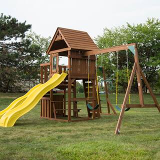 Swing-N-Slide Playsets Timberview Ready-To-Assemble Wooden Outdoor Playset with 2 Slides Monkey Bars Swings and Swing Set Accessories WS 8356