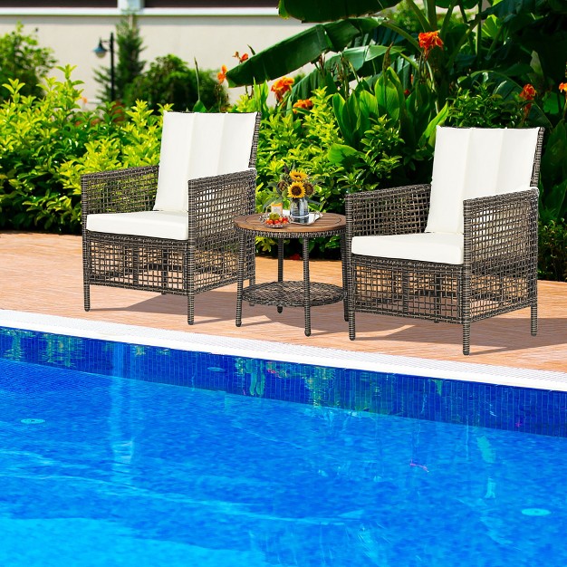 Tangkula 3pcs Patio Wicker Bistro Set Furniture Set Pe Rattan Table Set W Off White Cushions