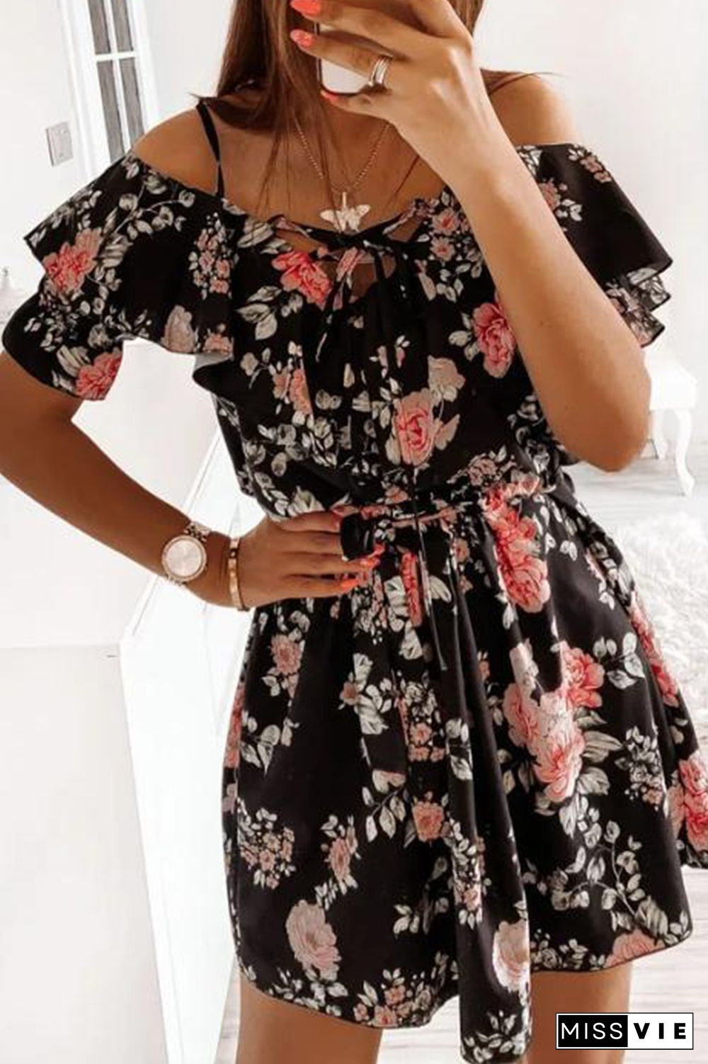 Elegant Floral Frenulum Flounce V Neck A Line Dresses