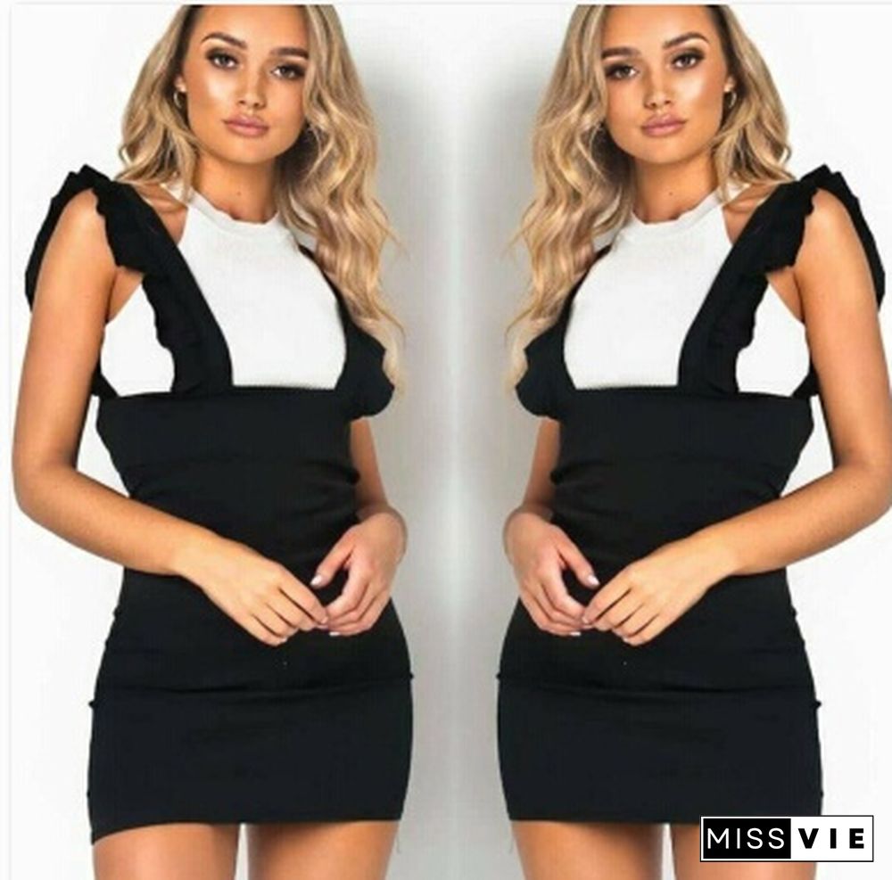 Women Ladies Plaid Ruffle Frill Strap Pinafore Party Summer Mini Bodycon Dresses