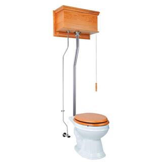 RENOVATORS SUPPLY MANUFACTURING Light Oak High Tank Pull Chain Toilet 2-piece 1.6 GPF Single Flush Round Bowl Toilet in. White Seat Not Included 21714