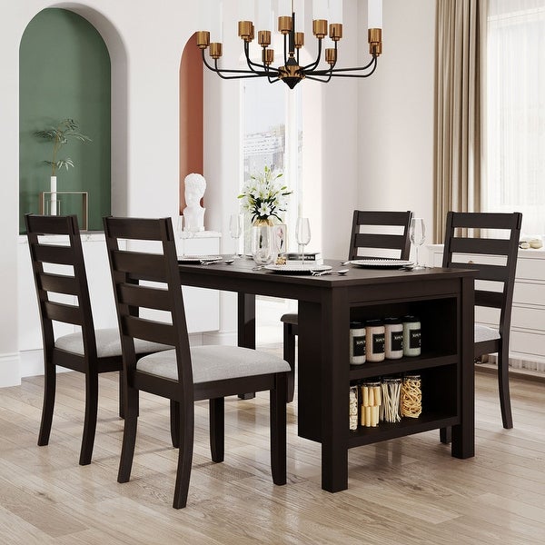 Farmhouse kitchen table set with 2 shelves and 4 upholstered dining chairs， 5 piece table set