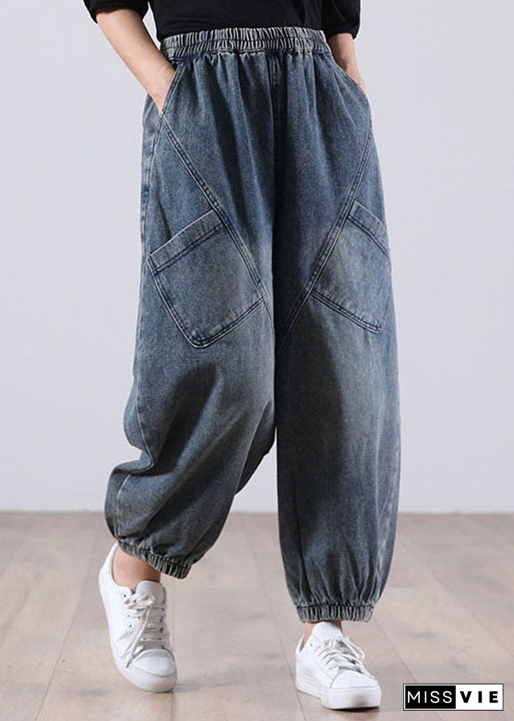 Style Blue Pockets denim Pants Winter