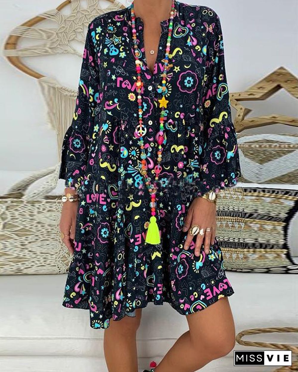 Women's Plus Size Print Mini Dress Casual Loose Dress Beach Party Dress