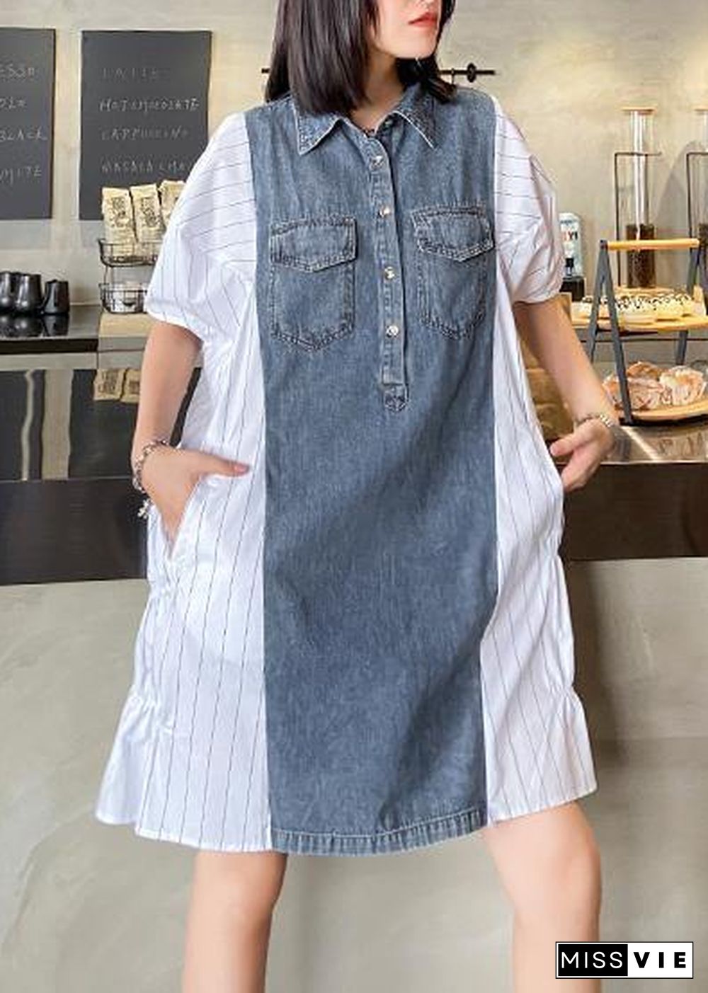 Style lapel quilting dresses Runway white striped patchwork denim Dresses