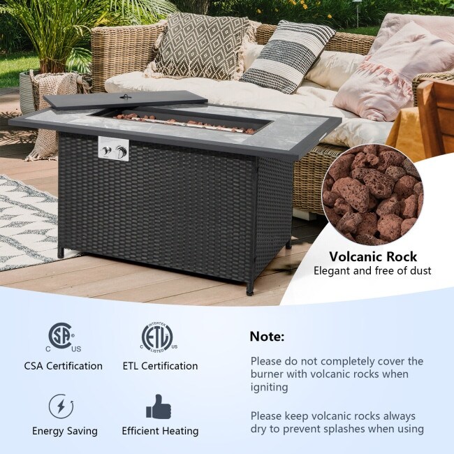 52 Inch Rattan Wicker Propane Fire Pit Table with Rain Cover and Lava Rock Black   52\