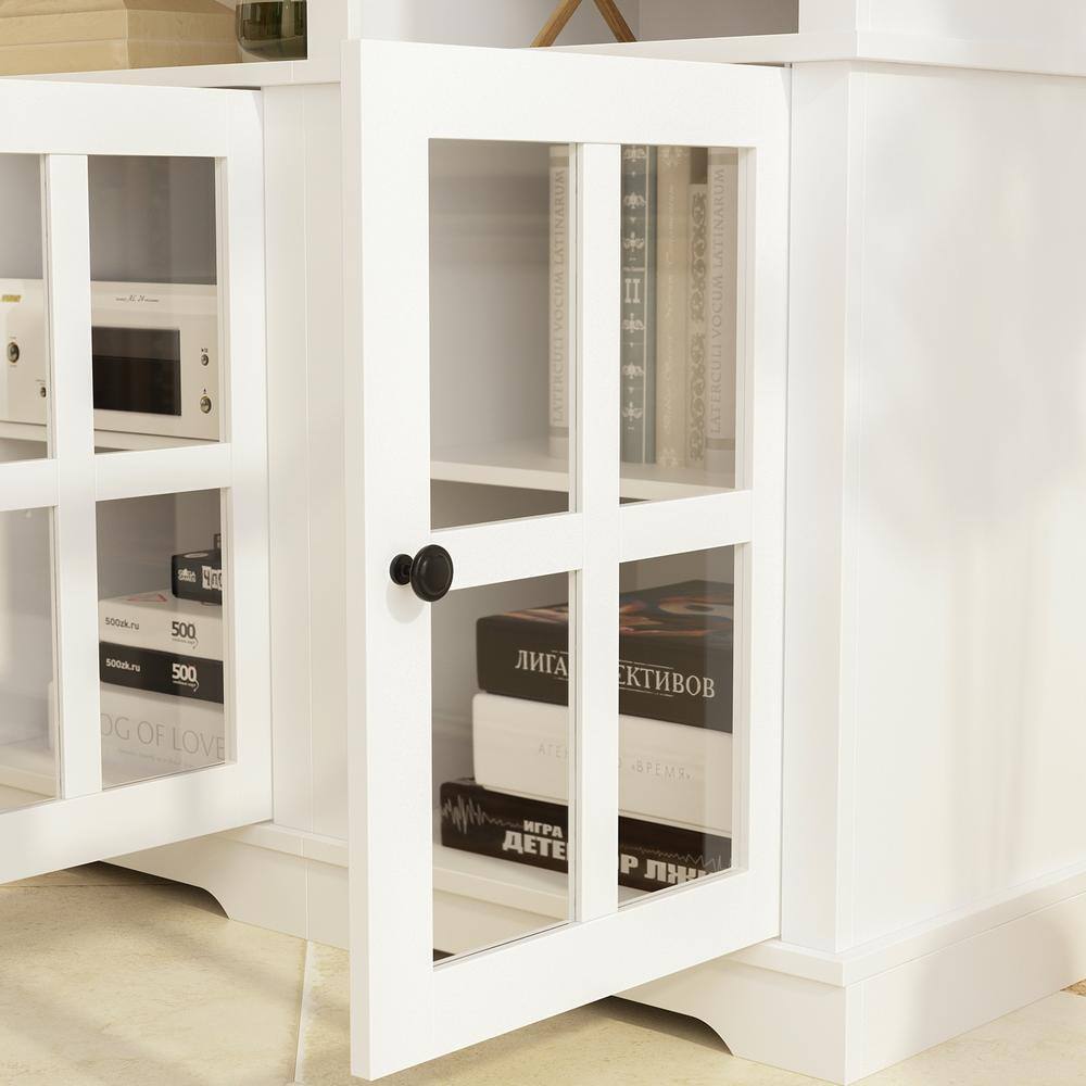 FUFUGAGA White Wooden TV Stand Fits TV's up to 75 in. with Open Shelves and Tempered Glass Door Cabinet LBB-KF020341-01+02