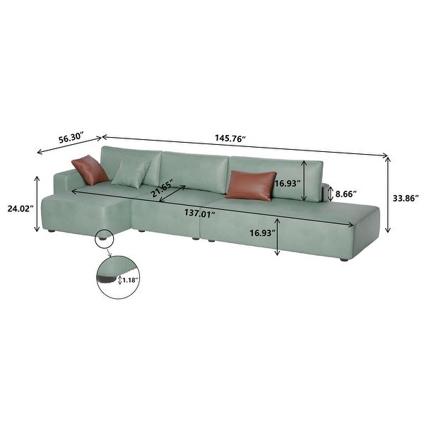 145'' Faux Leather Sofa， Modern Leather Sectional sofa with wood legs