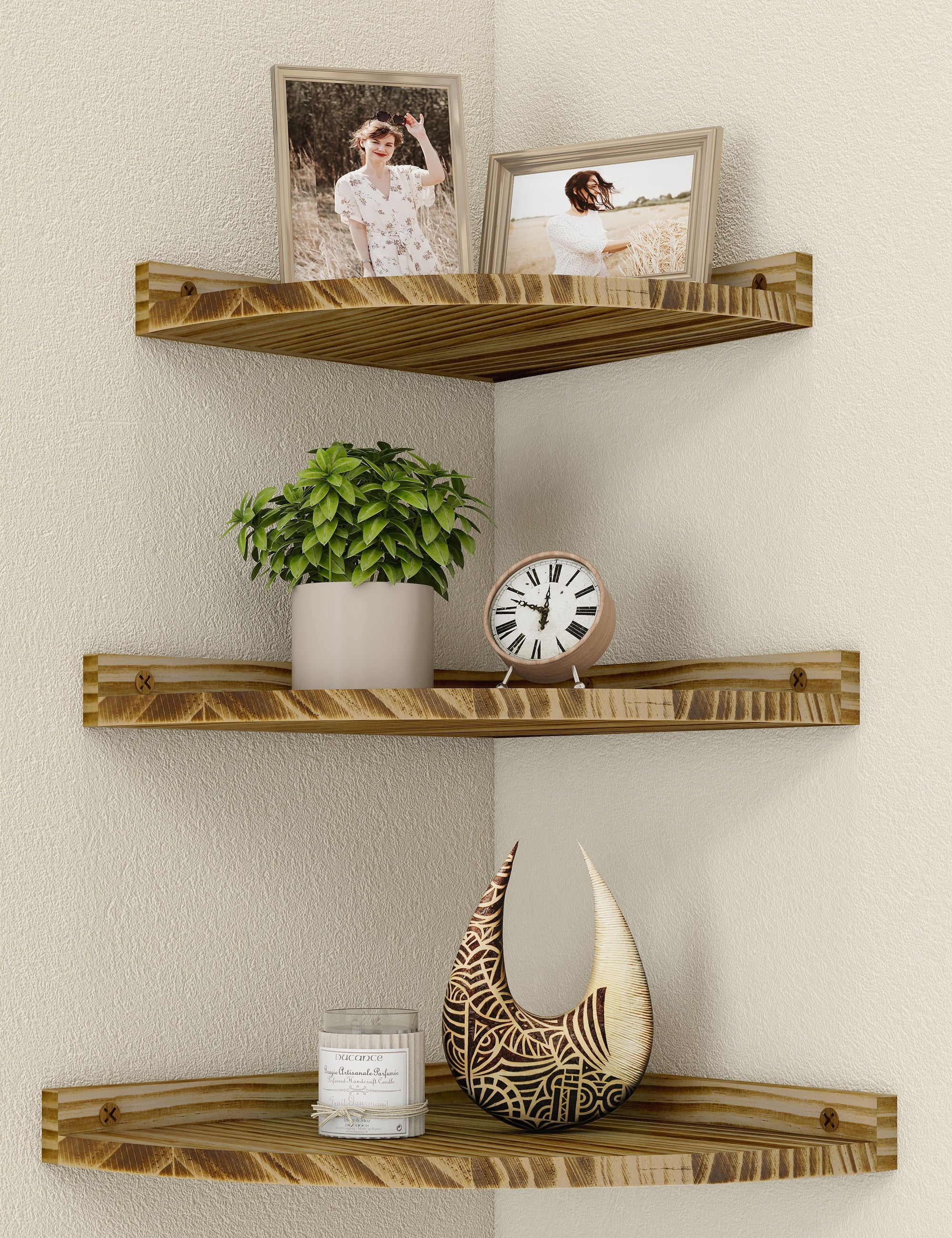 Afuly Floating Corner Shelves for Wall, Rustic Solid Brown Wood Wall Mounted Corner Shelf, 3psc