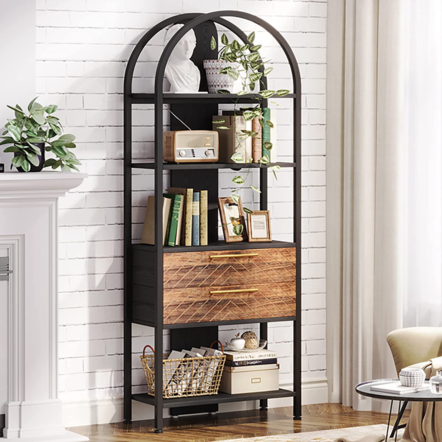 4-Tier Bookshelf, Industrial Bookcase with 2 Drawers & LED Light