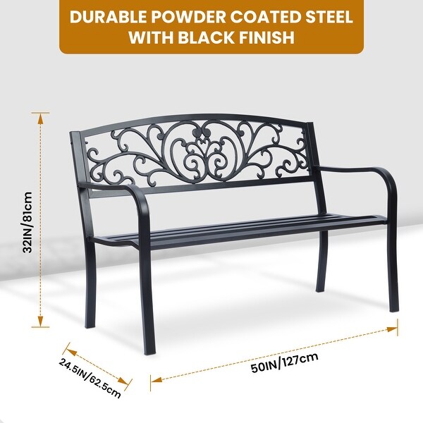 Simply Elegant Flora Metal Park Patio Bench，Outdoor Bench in Black for Porch，Lawn，Garden，Deck by SunRay