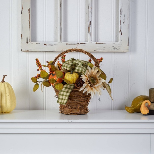 Nearly Natural 16-in Fall Pumpkin Gourds And Berries Artificial Autumn Arrangement