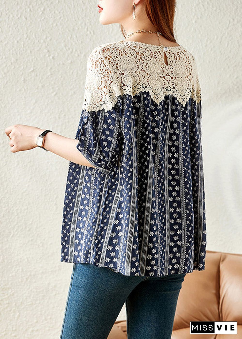 Fashion Navy O-Neck Print Lace Patchwork Shirt Summer