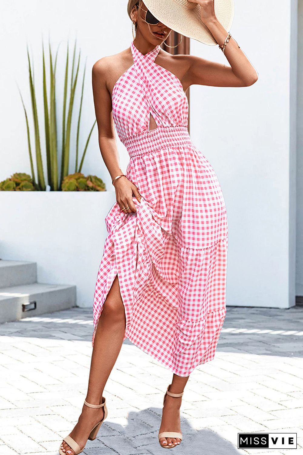 Halter Wrap Splicing Plaid Floral Dress