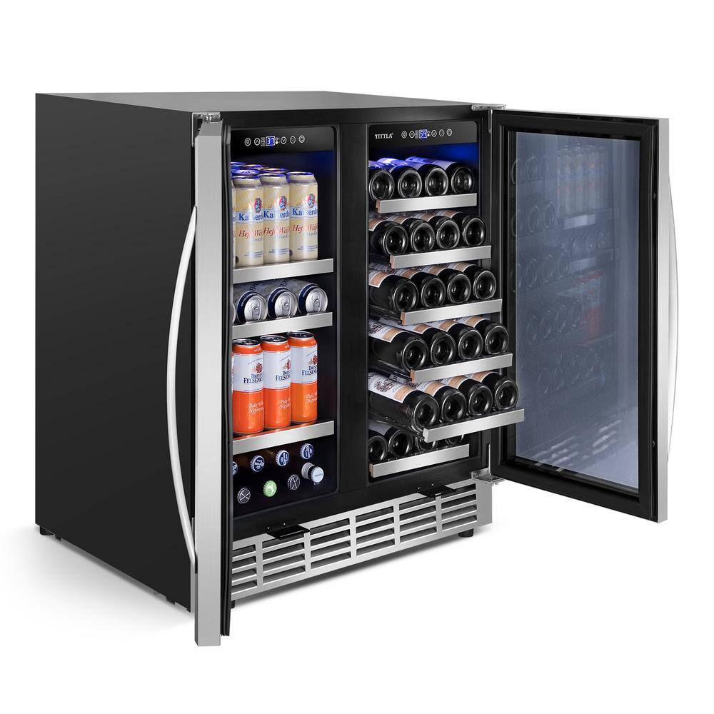 TITTLA 30.31 in. Dual Zone 33-Wine Bottles 80-Cans Beverage and Wine Cooler in Silver Shutter Shape Front Heat Vent Blue LEDs KMYC200