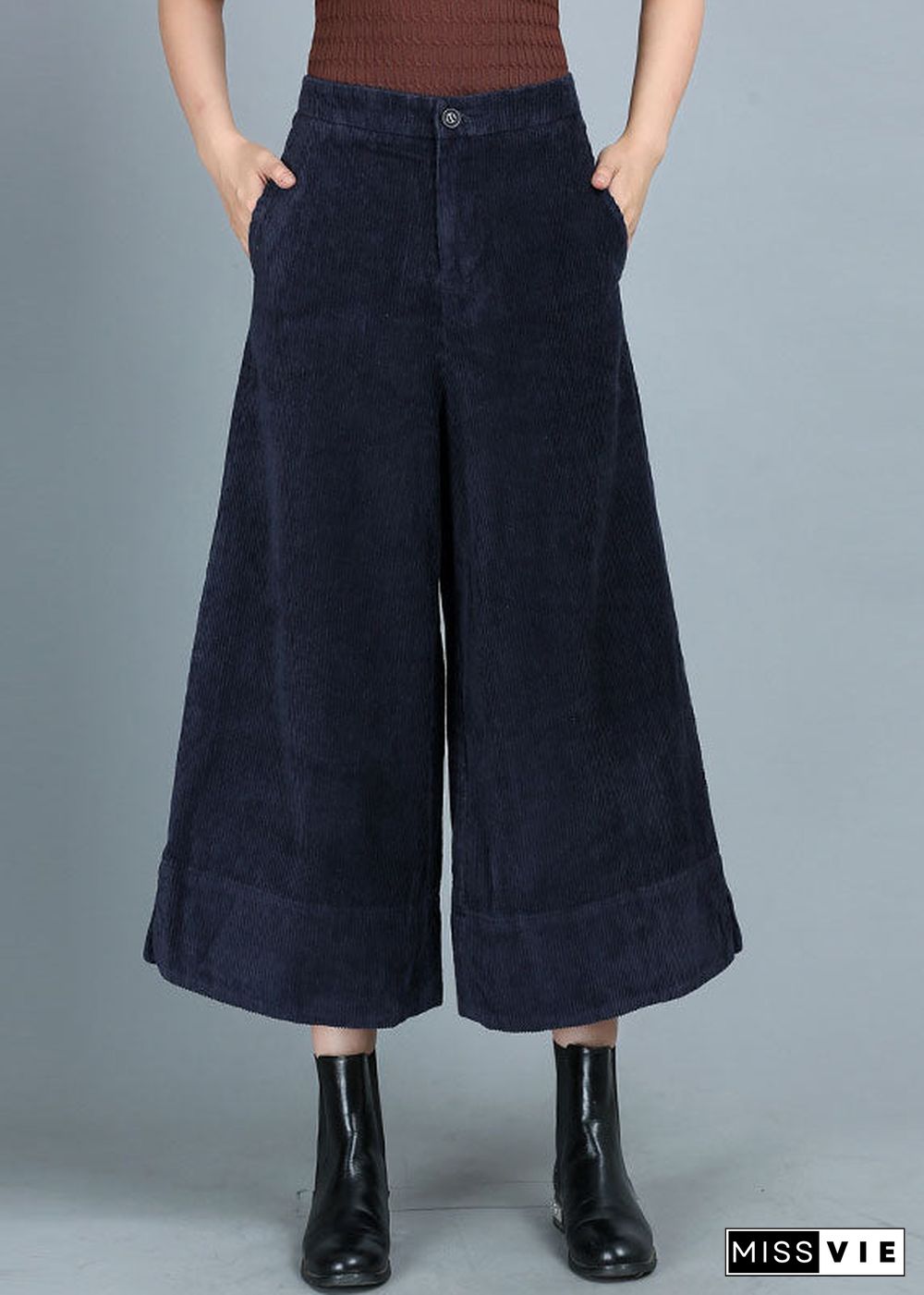 Chic Blue Pockets Button Straight Fall Pants