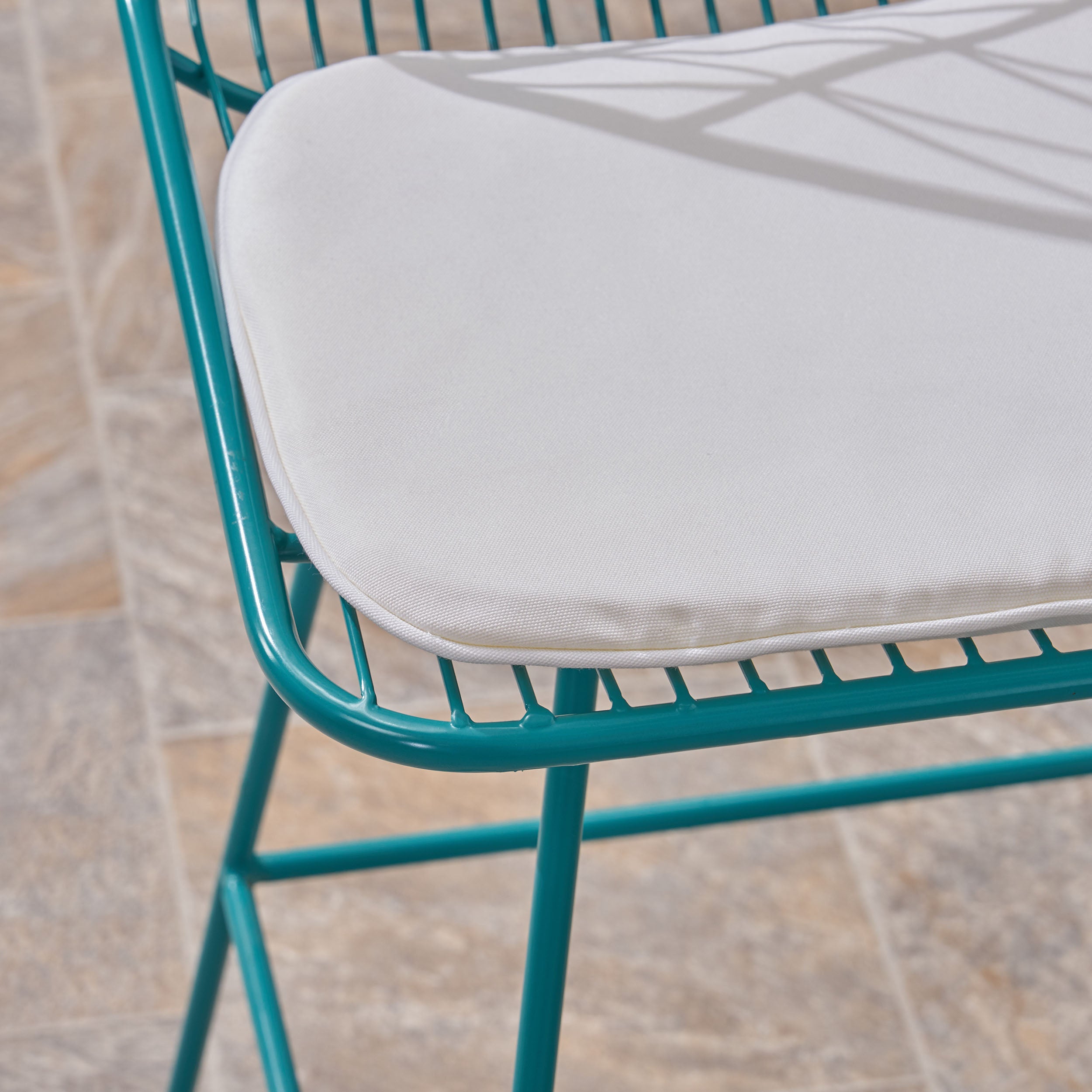 Ella Outdoor Wire Counter Stools with Cushions (Set of 4), Teal and Ivory