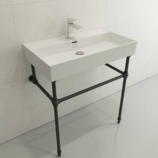 BOCCHI Milano Wall-Mounted White Fireclay Rectangular Bathroom Sink 32 in. 1-Hole with Overflow 1377-001-0126