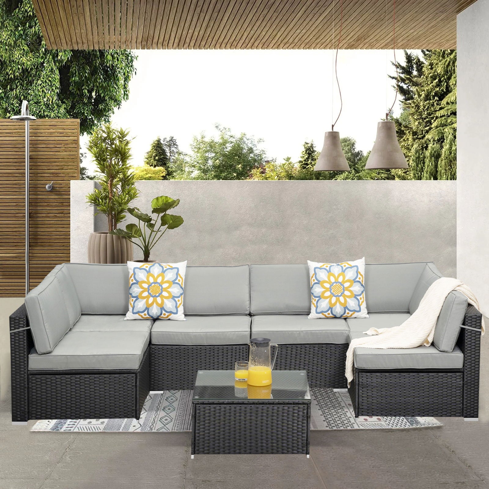 Royalcraft 7 Pieces Patio Conversation Sets， All-Weather PE Black Wicker Outdoor Rattan Sectional Sofa， Patio Sofa Couch with Table and Grey Cushions