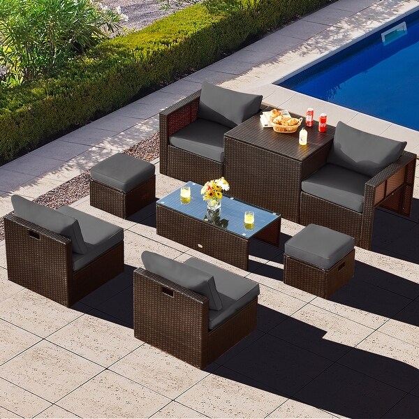 Gymax 8PCS Patio Rattan PE Wicker Conversation Set AllWeather