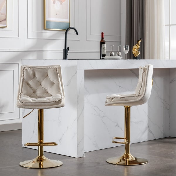 Set of 2 Bar Stools，with Chrome Footrest and Base Swivel Height Adjustable Mechanical Lifting Velvet and Golden Leg