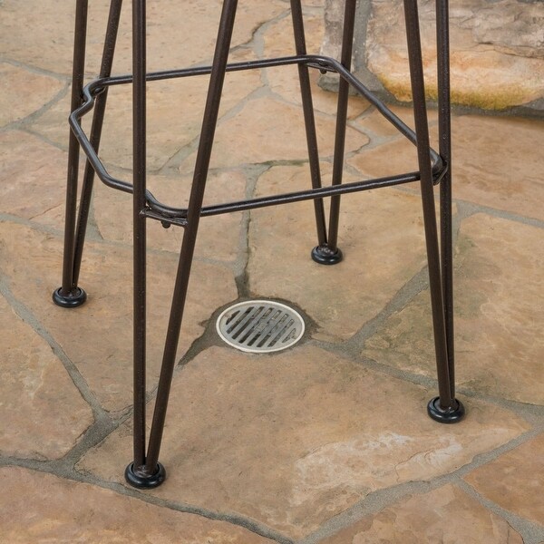 Edward Outdoor Industrial Acacia Wood Barstools with Iron Frame， Set of 2， Teak， Rustic Metal