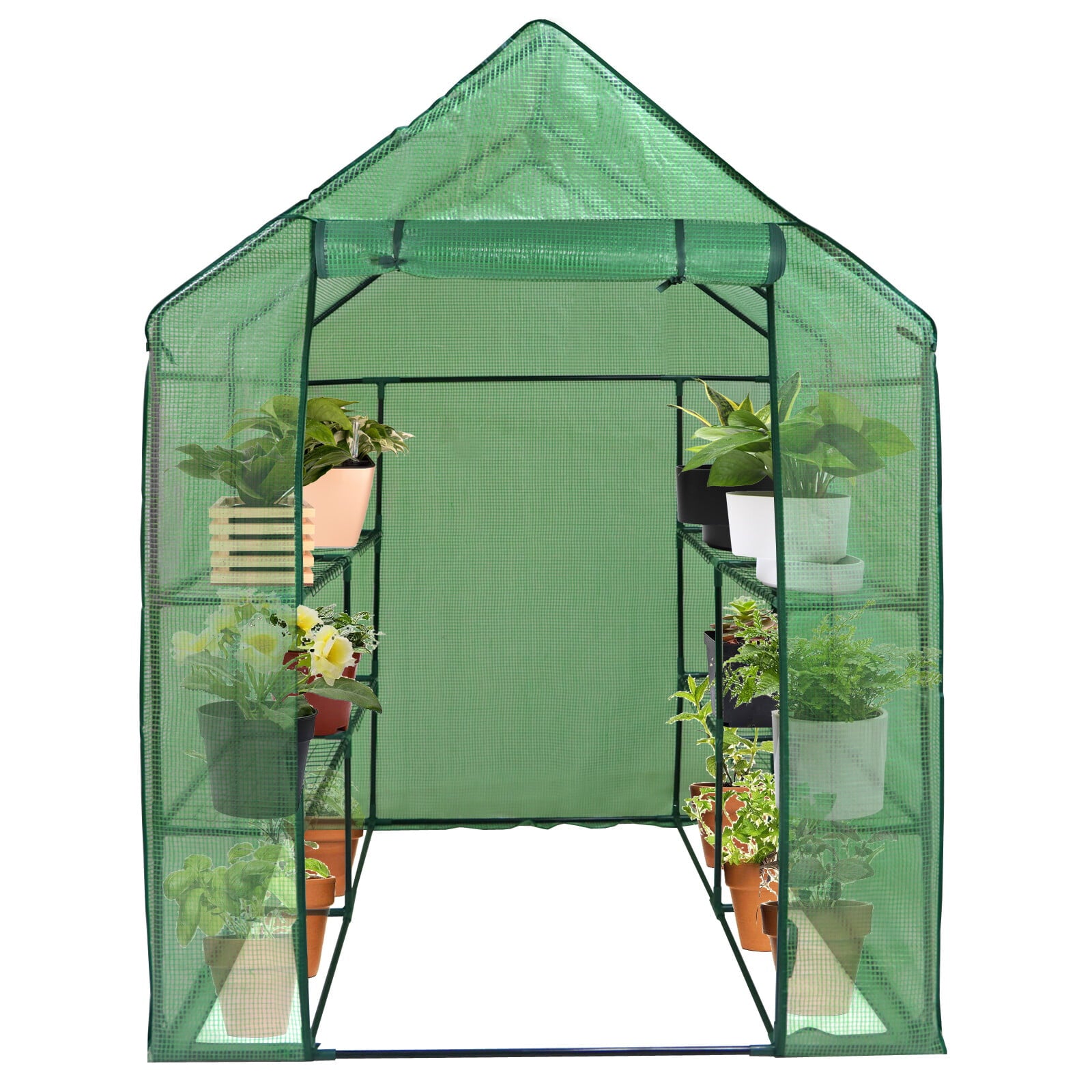 ZenSports 2-Tier 8-Shelves Walk-in Greenhouse, Indoor Outdoor Portable Plant Gardening Canopy, W/ Roll-up Zipper Entry Door, 57" x 57"x 77", Green