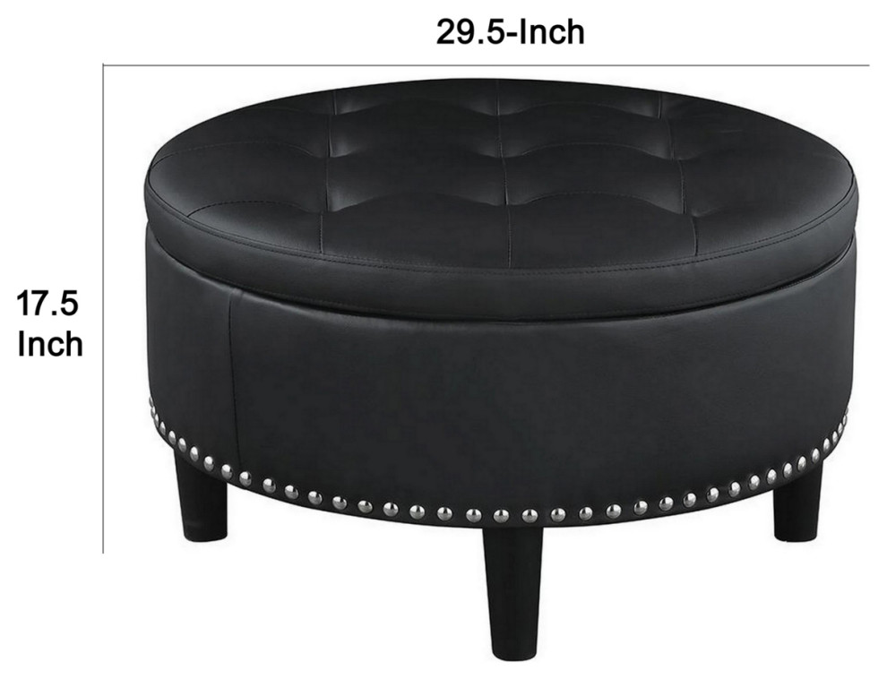 30 Inch Round Storage Ottoman Black Vegan Faux Leather Button Tufted   Transitional   Footstools And Ottomans   by Dot  ampBo  Houzz