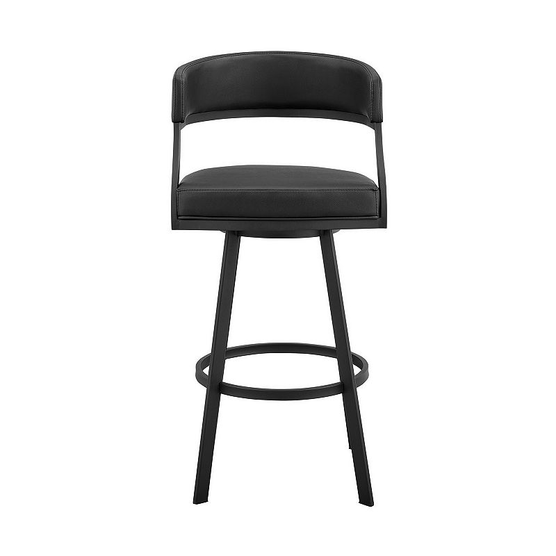 Beth 30 Inch Bar Stool， Curved Back， Swivel Chair， Faux Leather， Black