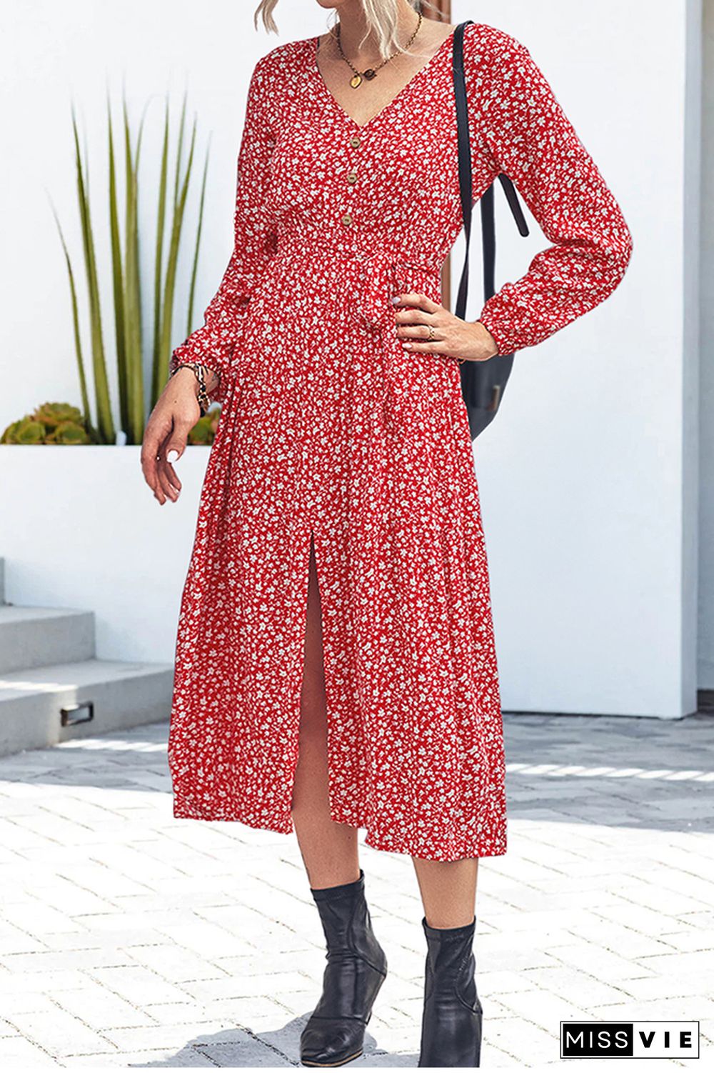 Red Floral V Neck Button Down High Split Maxi Dress