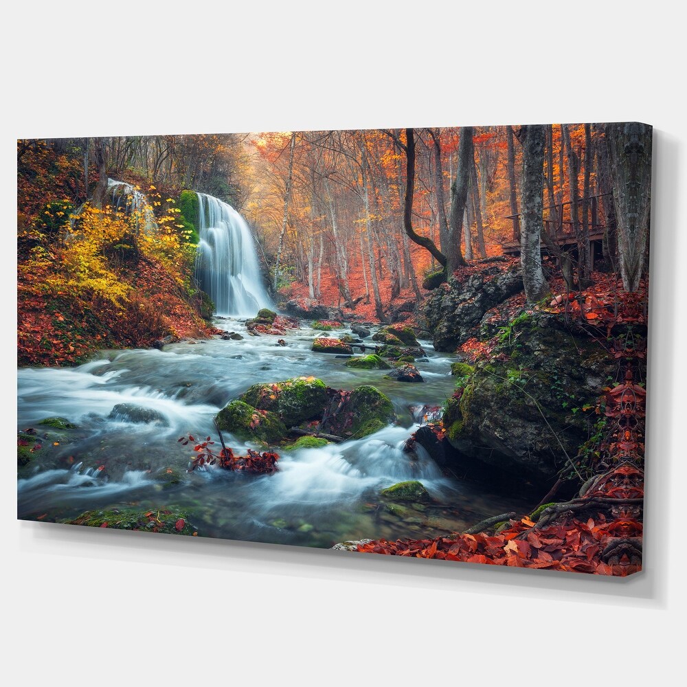 Autumn Mountain Waterfall Long View Landscape Photo Canvas Print   Orange