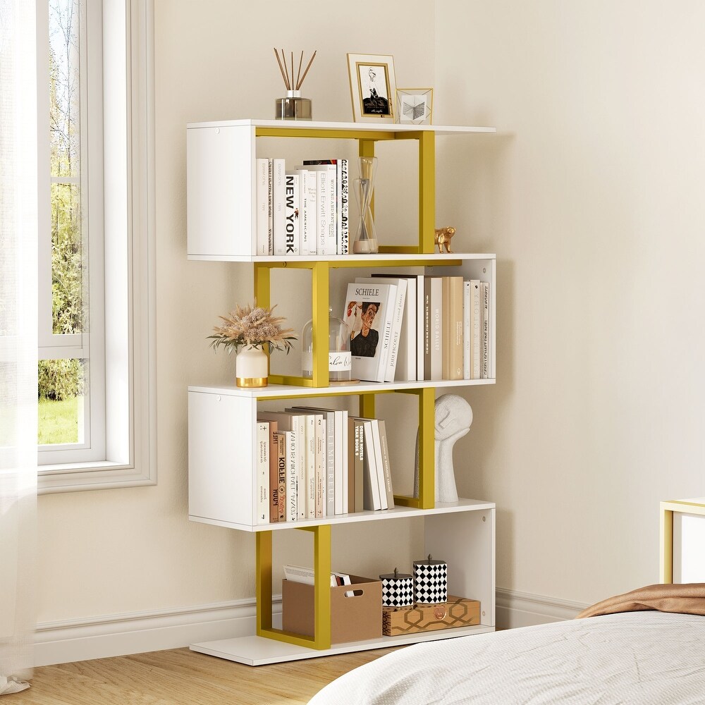 Hermoth Wood 5 Tier Bookshelf S Shaped Z Shelf Bookshelves and Bookcase Gold White