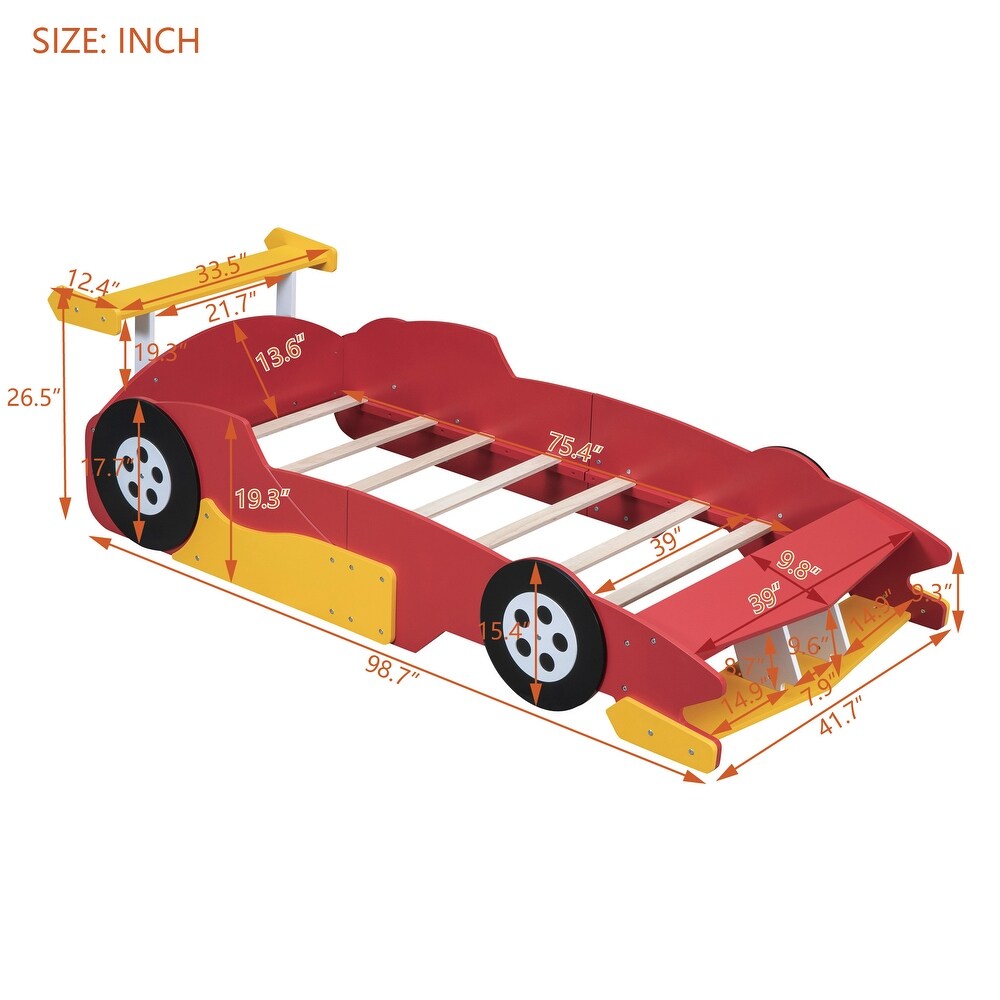 Red Twin Size Playhouse Race Car Shaped Bed w/ Hidden Storage Footboard and Wheel  Platform Storages Bed  No Box Spring Needed